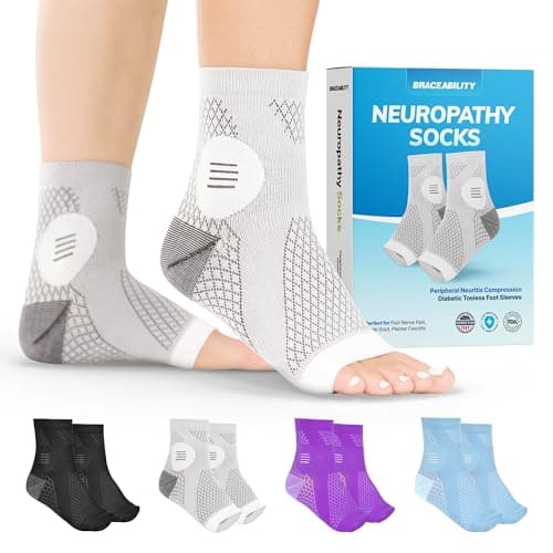 BraceAbility Neuropathy Socks (Pair) - Peripheral Neuritis Compression Diabetic Toeless Foot Sleeves for Nerve Damage Pain in Feet, Ankle Gout, Plantar Fasciitis Relief Brace for Men and Women (L - Gray)