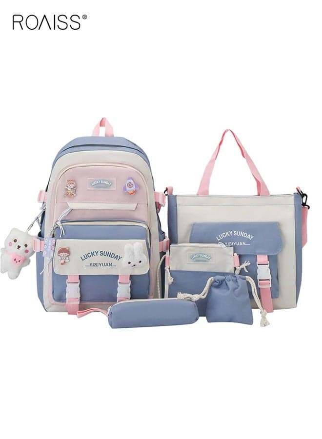 5-Piece Set of Backpack Multifunctional Fashion Women's New Oxford Cloth Pack Junior High School Student Bag Girls School Bags Set Backpacks with Pendant Lunch Bag Pencil Case Handbag Coin Purse for Teen Girls School Backpack