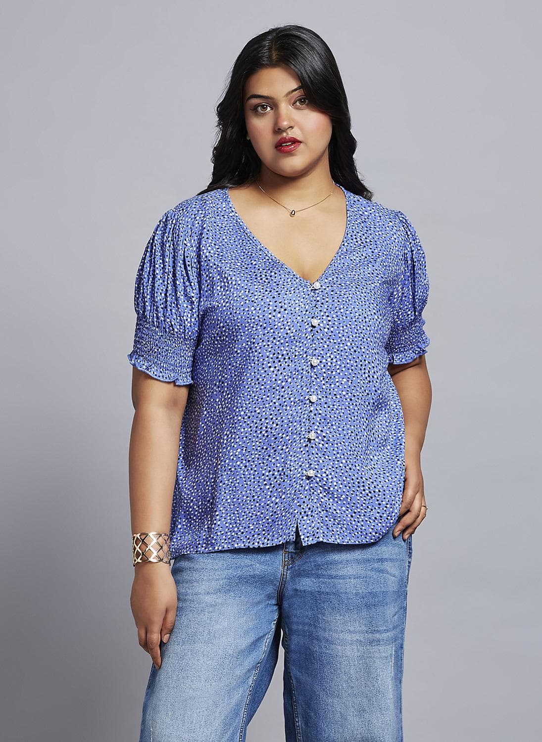 Globus Gloplus Women Abstract Print V-Neck Puff Sleeves Plus Size Workwear Top