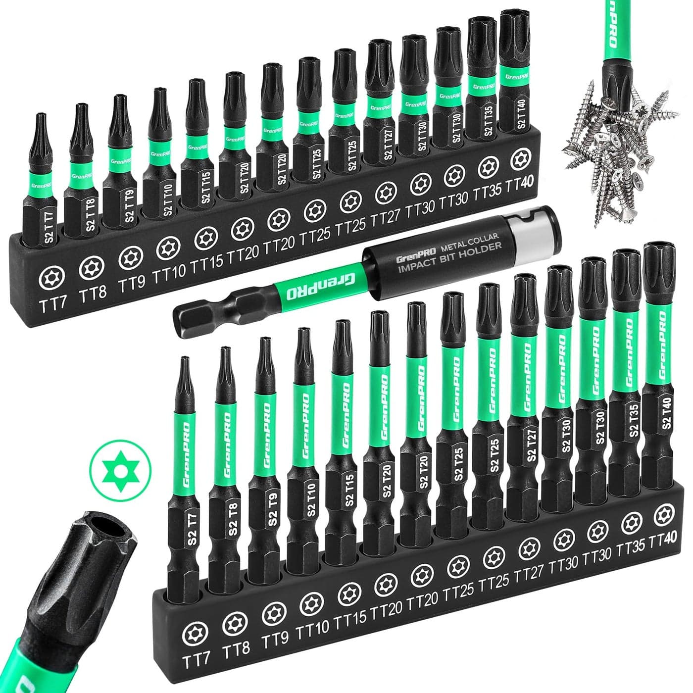 GRENPRO Torx Bit Set 29pcs Impact Driver Bit Set S2 Steel Torx Screwdriver Sets Tamper Proof Star Bits Sets Star Screwdriver 12 Long T7T40 Torque Security Bits with Magnetic Bit Holder