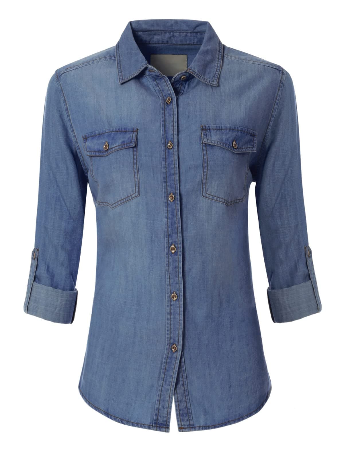 Design by Olivia Women's Classic Long/Roll Up Sleeve Button Down Denim Chambray Shirt Medium Denim L