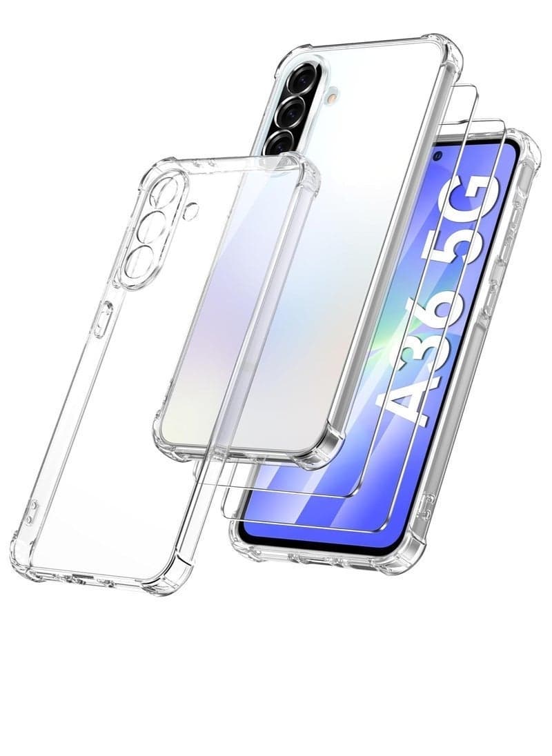Samsung A36 Shockproof Clear Case with 2Pack Tempered Glass Screen Protector Edge to Edge Full Screen Coverage,Samsung Galaxy A36 5G 2025 Bumper Cover.