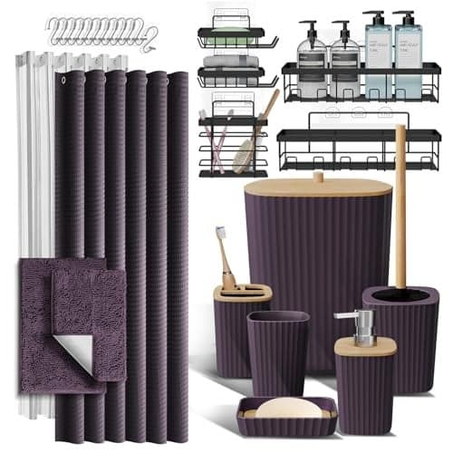 Clara Clark Bathroom Accessories Set - 27PC Bathroom Set with Adhesive Corner Shower Caddy Hanging, Bathroom Sets with Shower Curtain and Rugs, Purple Shower Curtain Set with Bathroom Trash Can