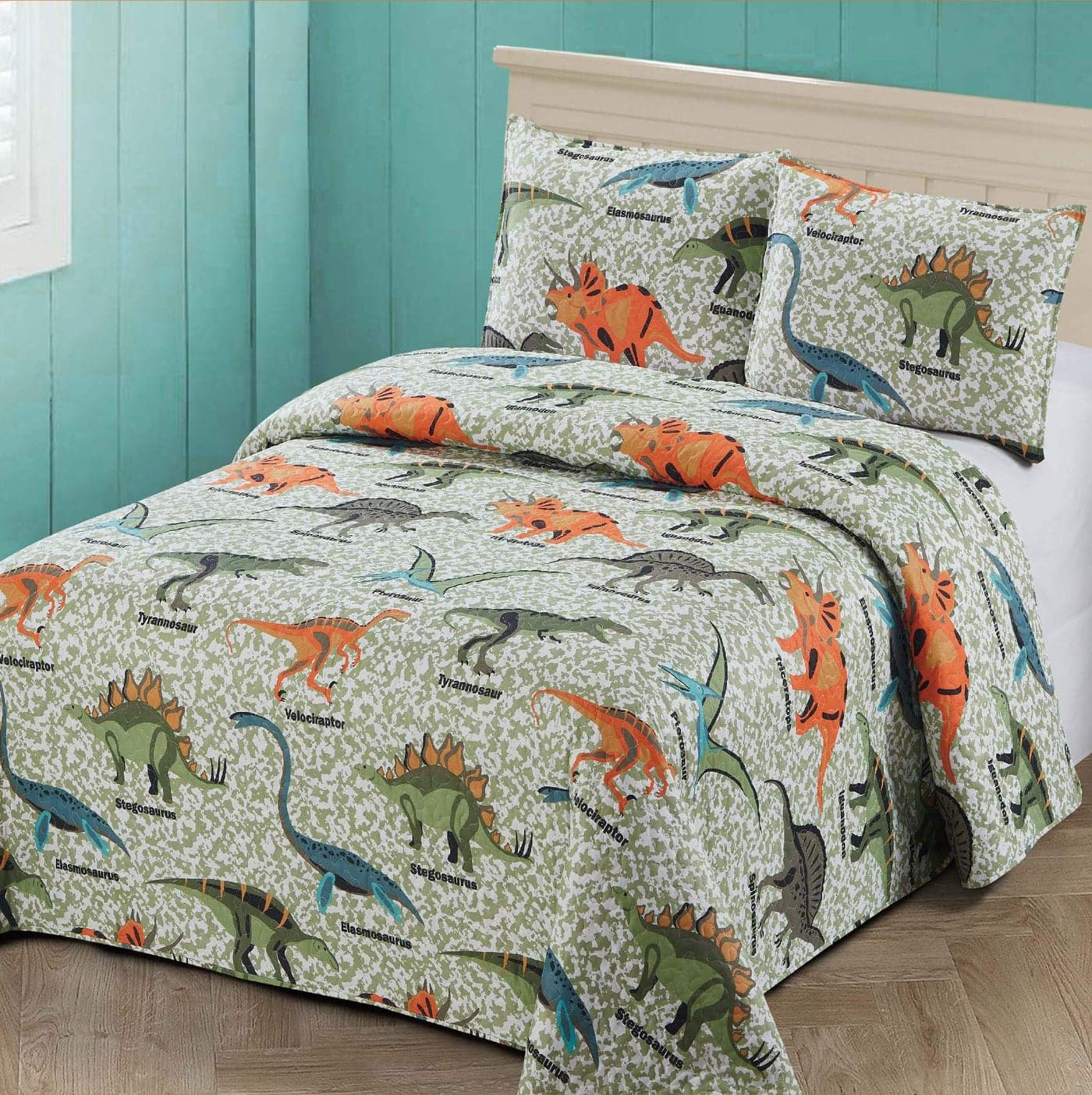 3 pc FullQueen Size Quilt Bedspread KidsTeens Boys Dinosaurs Army Green Blue OrangeMulticolor Bedding New