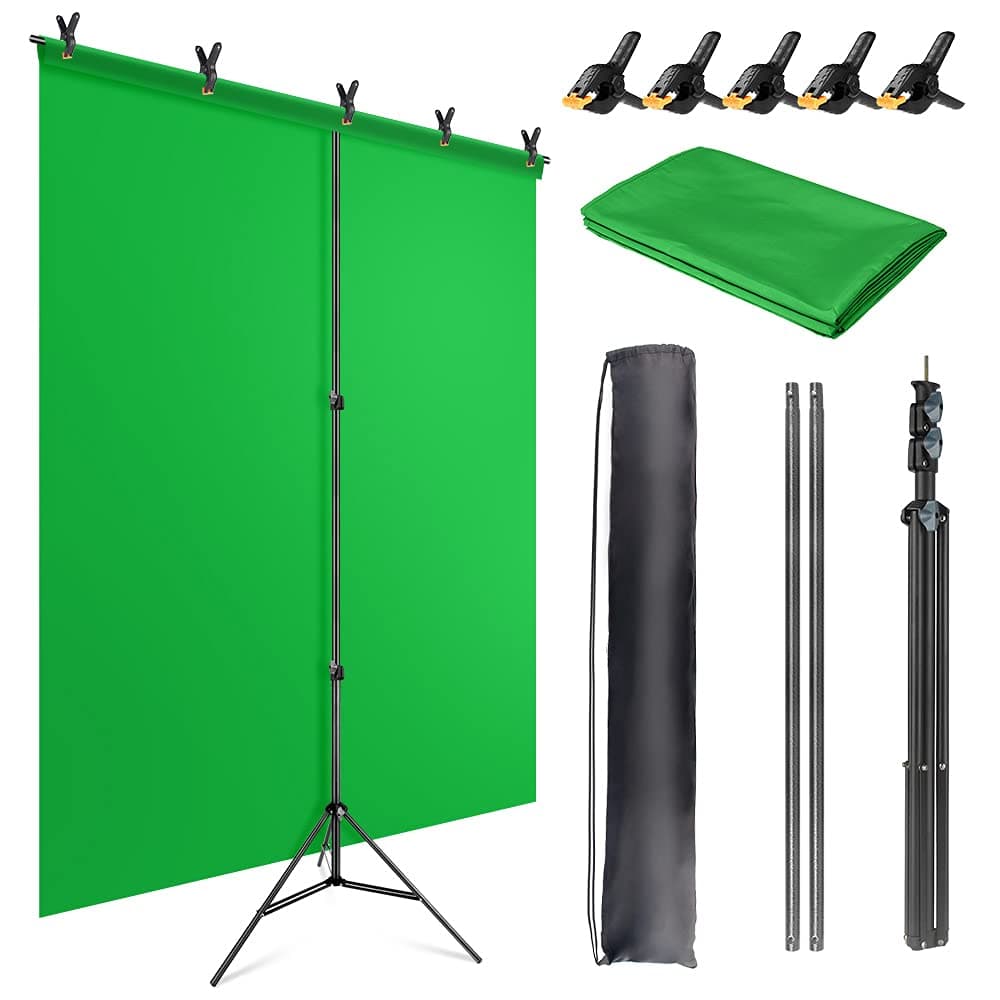 JEBUTU Green Screen Backdrop Kit with Stand 5X65ft Portable Green Screen Backdrop with Stand kit GreenScreen Background with Stand Carrying Bag Clamp for Streaming Video Zoom