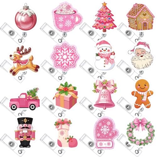 Fullhawl 16 Pcs Christmas Pink Winter Nurse Badge Reel Retractable with ID Clip Bling Snowman Snowflakes Holiday Gift Badge Holder for Nursing Er ICU Women Men Office Doctors