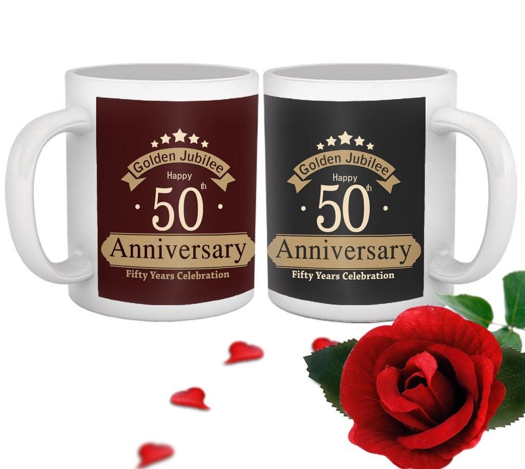 TIED RIBBONS Golden Jubilee 50th Wedding Printed Coffee Mugs with Rose (325ml, Multicolor)