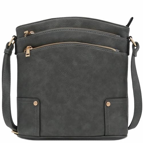 ALYSSA Triple Zip Pocket Large Crossbody Bag (Dark Gray)