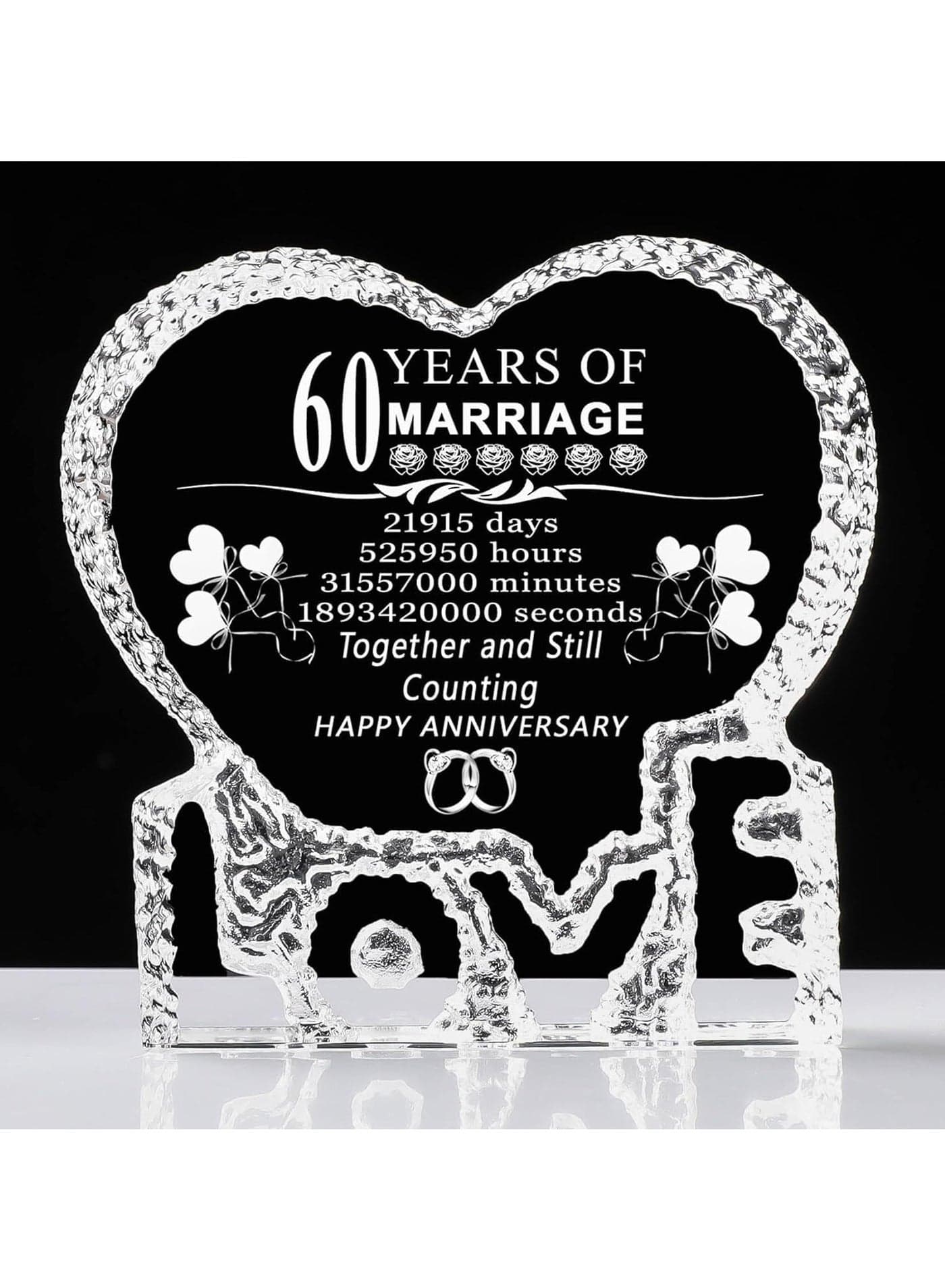 60th Anniversary Heart Shaped Crystal - Love Engraved Gift - Perfect for Couples and Valentine’s Day - Gift for For Him, Her, Husband and Wife - Romantic Gift for 60th Wedding Anniversary
