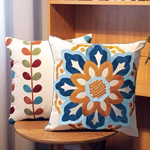KITTMIN Embroidered Throw Pillow Covers Set of 2,18x18,Farmhouse Fall Boho Floral Pattern Pillows Cover, Decorative Pillowcase,Durable Cozy Textured Cushion Case for Sofa Couch Bed Living Room Orange