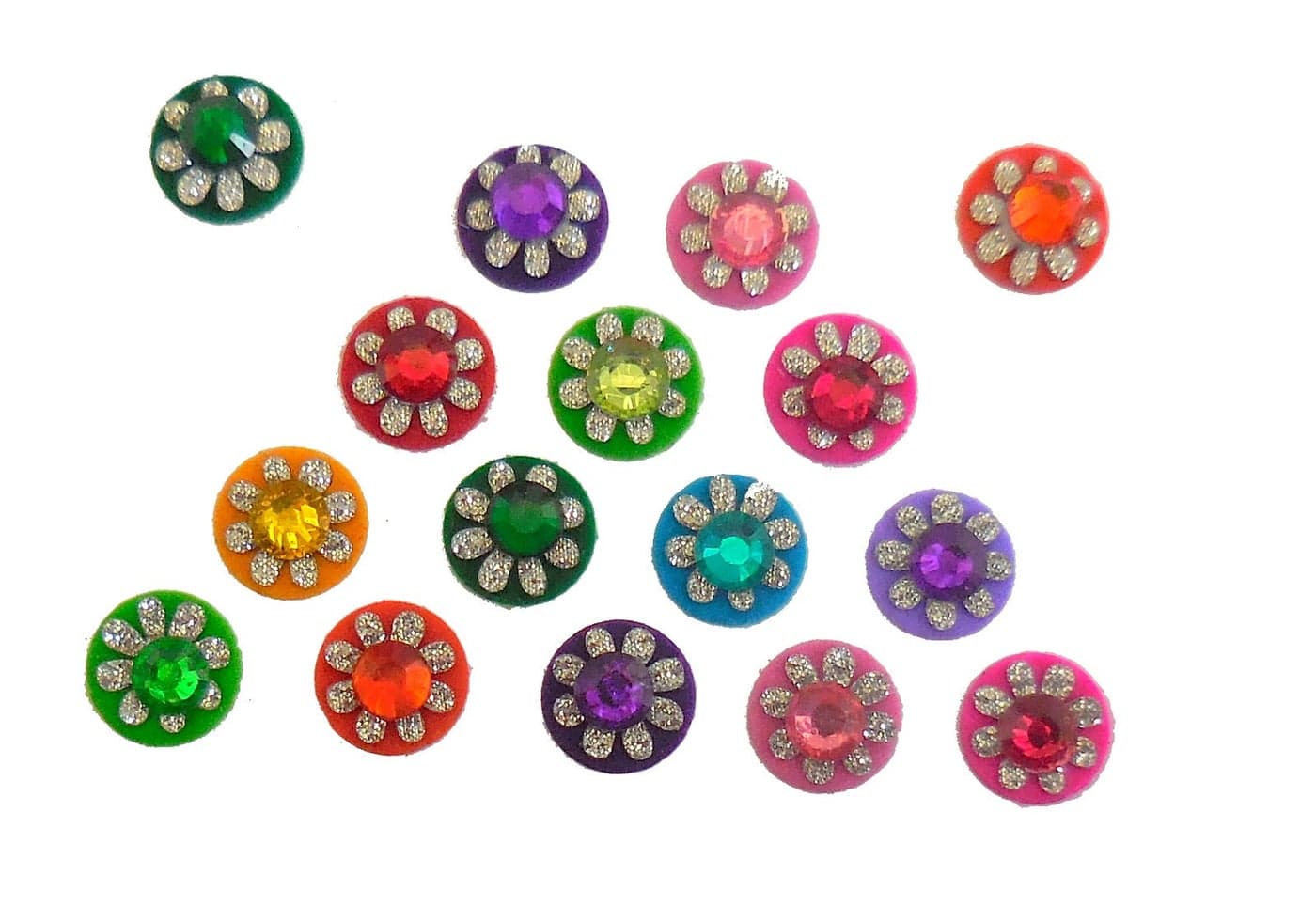 India Crafts 4 Packs 64 Colorful Crystal Bindi Velvette round face jewels Tika Round Crystal