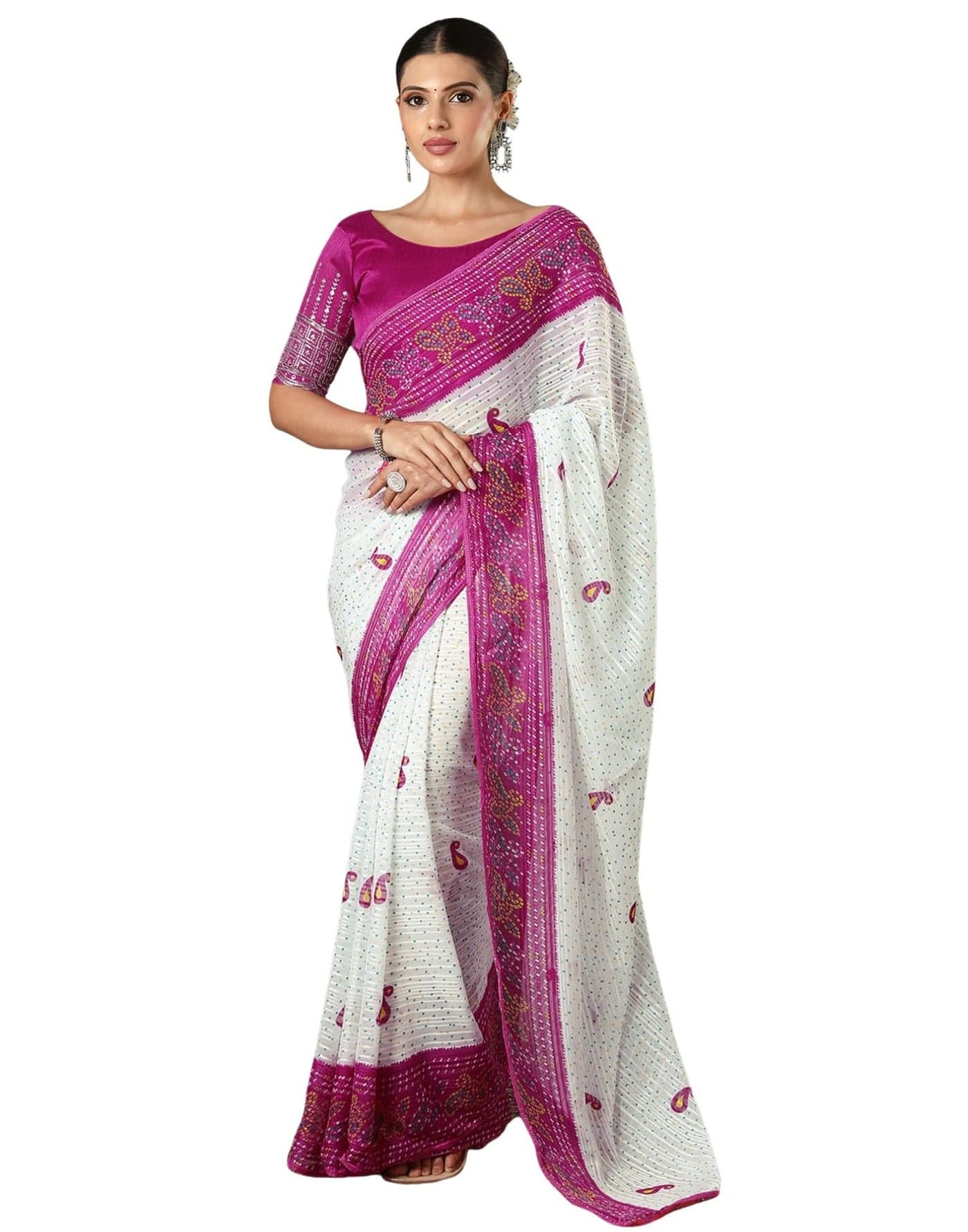 SIRIL Women's Georgette Zari Stripe Printed Bandhani Saree with Unstitched Blouse Piece (4358S271_White & Pink)