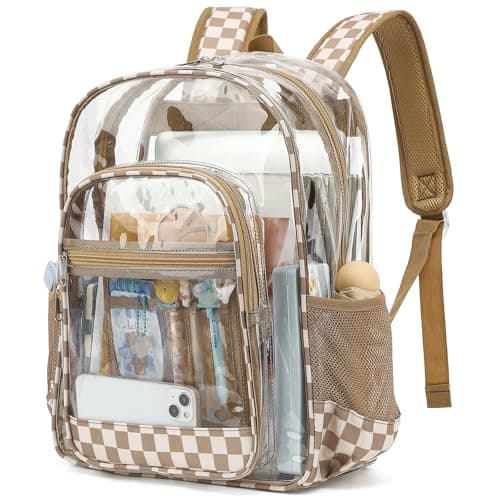 Dezcrab Clear Backpack for School Girls Boys Heavy Duty Transparent Backpack Kids SeeThrough Clear Bookbag Checkered Khaki