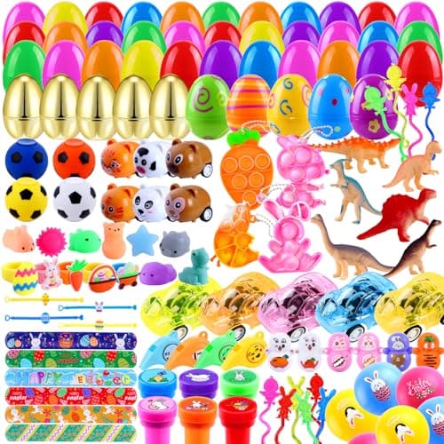 Teeanzo 160Pcs Prefilled Easter Eggs Toys Set Include 80 Plastic Eggs with Variety Easter Stress Toys for Egg Hunt Basket Stuffers Party Favors Classroom Prize Supplies Boys Kids Girls