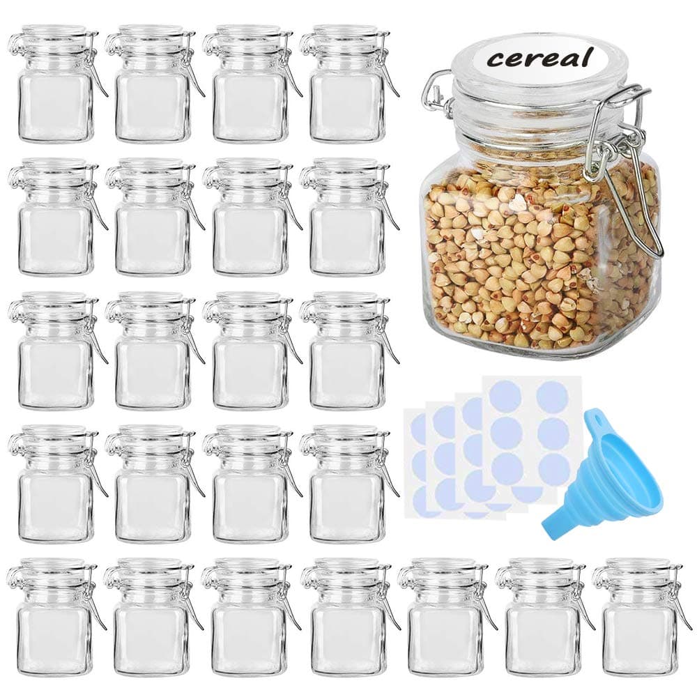SPANLA Spice Jars 24 Pack 4oz Small Glass Jars with Airtight Hinged Lid With 24 Spice Labels Silicone Funnels Airtight Glass Jars for Spices Condiments Herb Seasoning Art Craft Storage