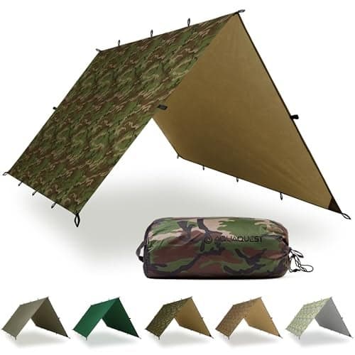 AquaQuest Defender Tarp – Heavy‑Duty Waterproof (20,000 mm) Seam‑Taped Rain Fly for Camping, Bushcraft & Survival – 10×10 Woodland Camo