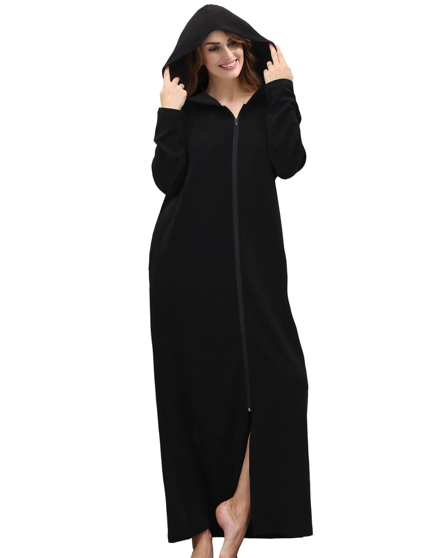 COLORFULLEAF Womens Zip Up Robes Long Sleeve Hooded Fleece Bathrobe Soft Warm Housecoat Loungewear with PocketsBlack2XL
