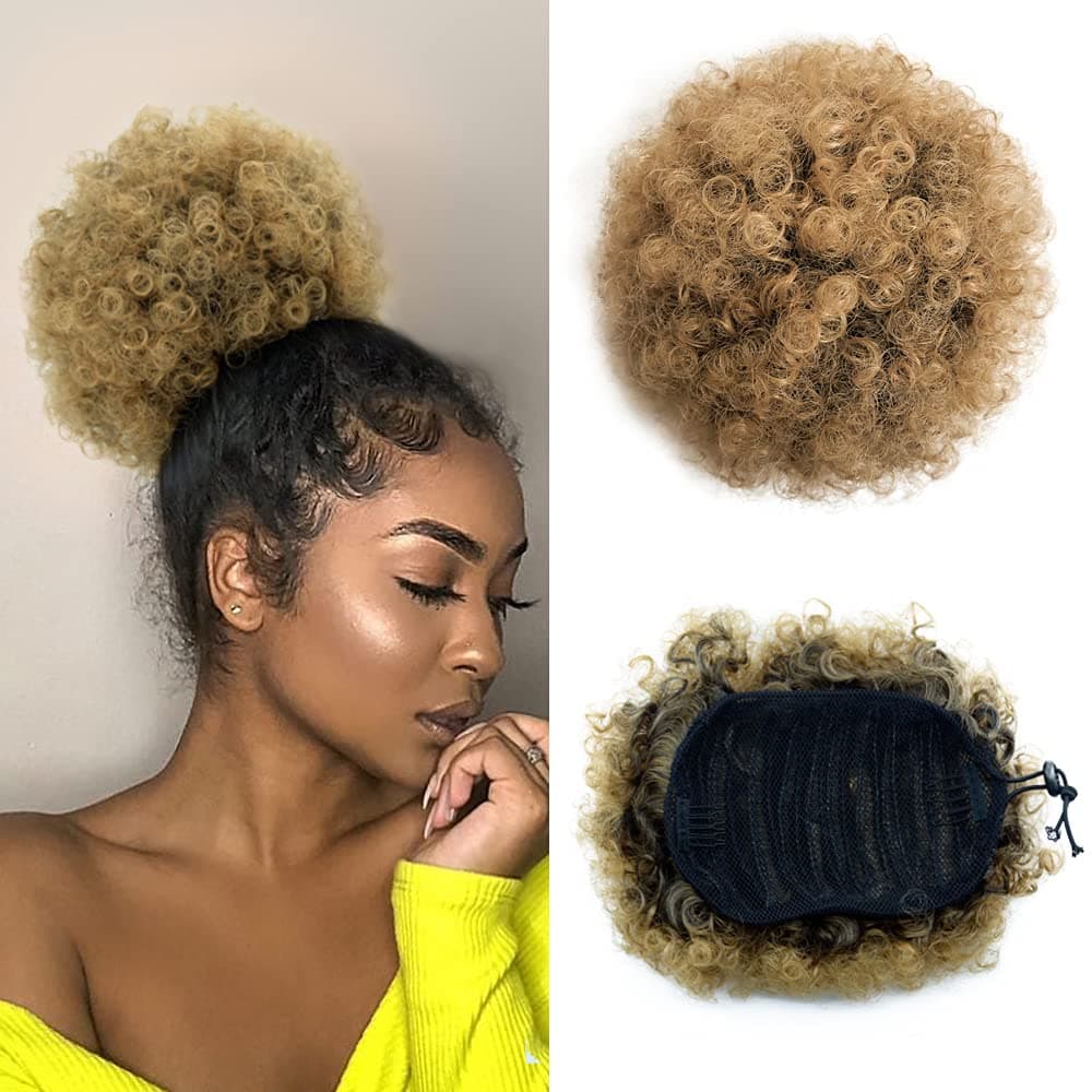 Ombre Brown Afro Puff Drawstring Ponytail Kinky Curly Pony Tail Hair Extensions Synthetic Short Bun Hairpieces for Black Women1B27