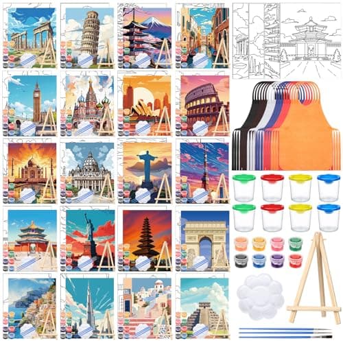 Sherr 140 Pcs 20 Set Pre Drawn Canvas Kit for Painting Craft Sip and Paint Kit for Adults Pre Printed Canvas Painting Favor for Virtual DIY Birthday Gifts Adult's Date Party(Landmarks)