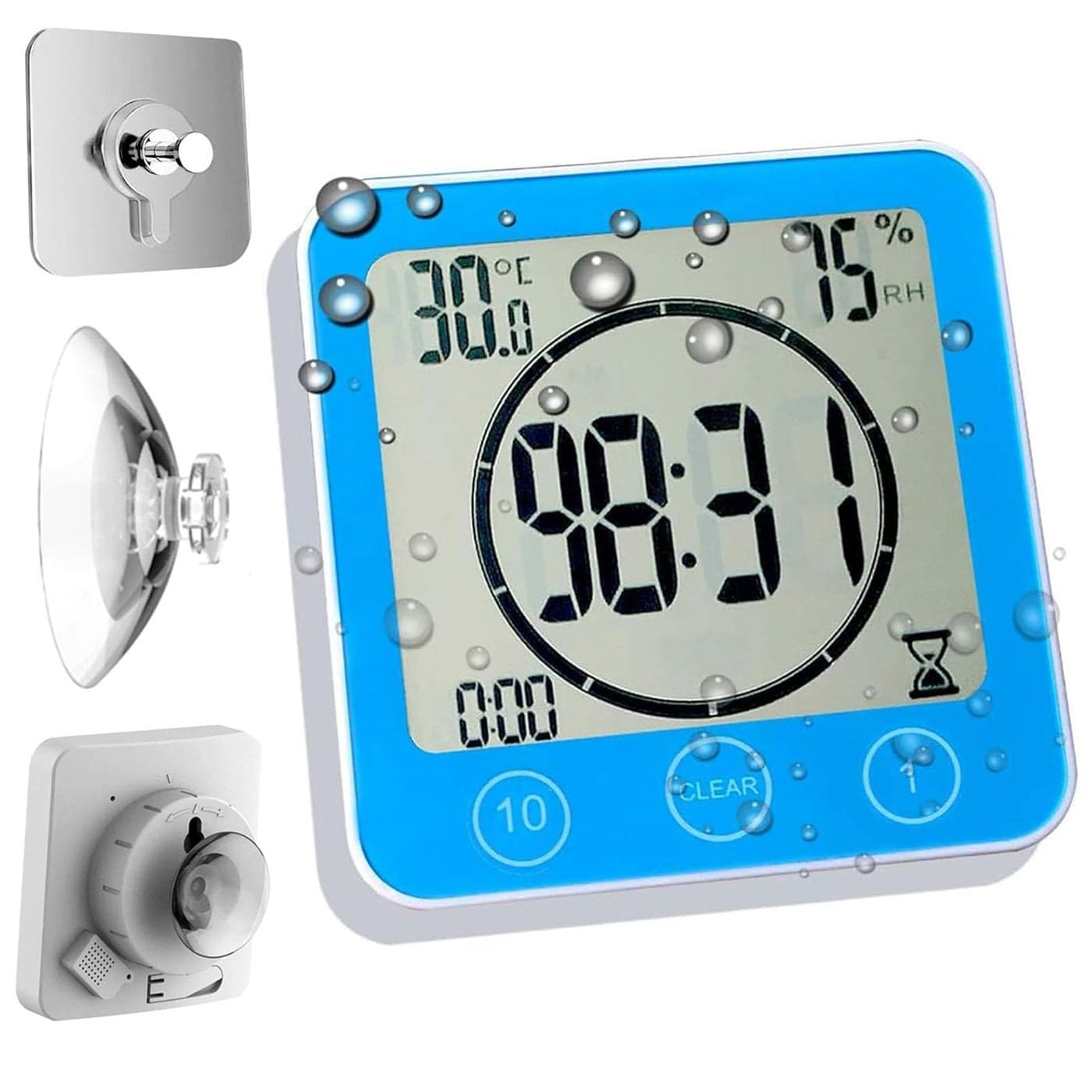Waterproof Hanging Wall Clock Shower Timer Large Digital Bathroom Alarm Clock for Kids Big Visual Kitchen Cooking Countdown Timer Bath Temperature Humidity Meter Mirror Suction Cup Timer Blue