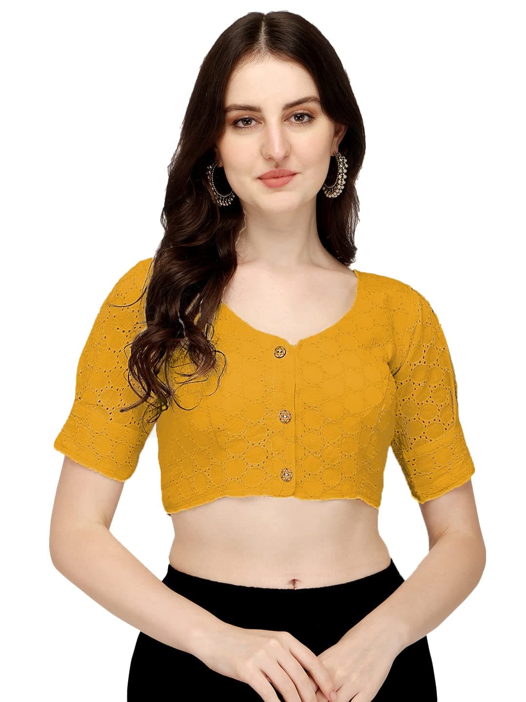 Pujia Mills Women's Cotton Chikankari Embroidery Work Readymade Saree Blouse (32, Yellow)