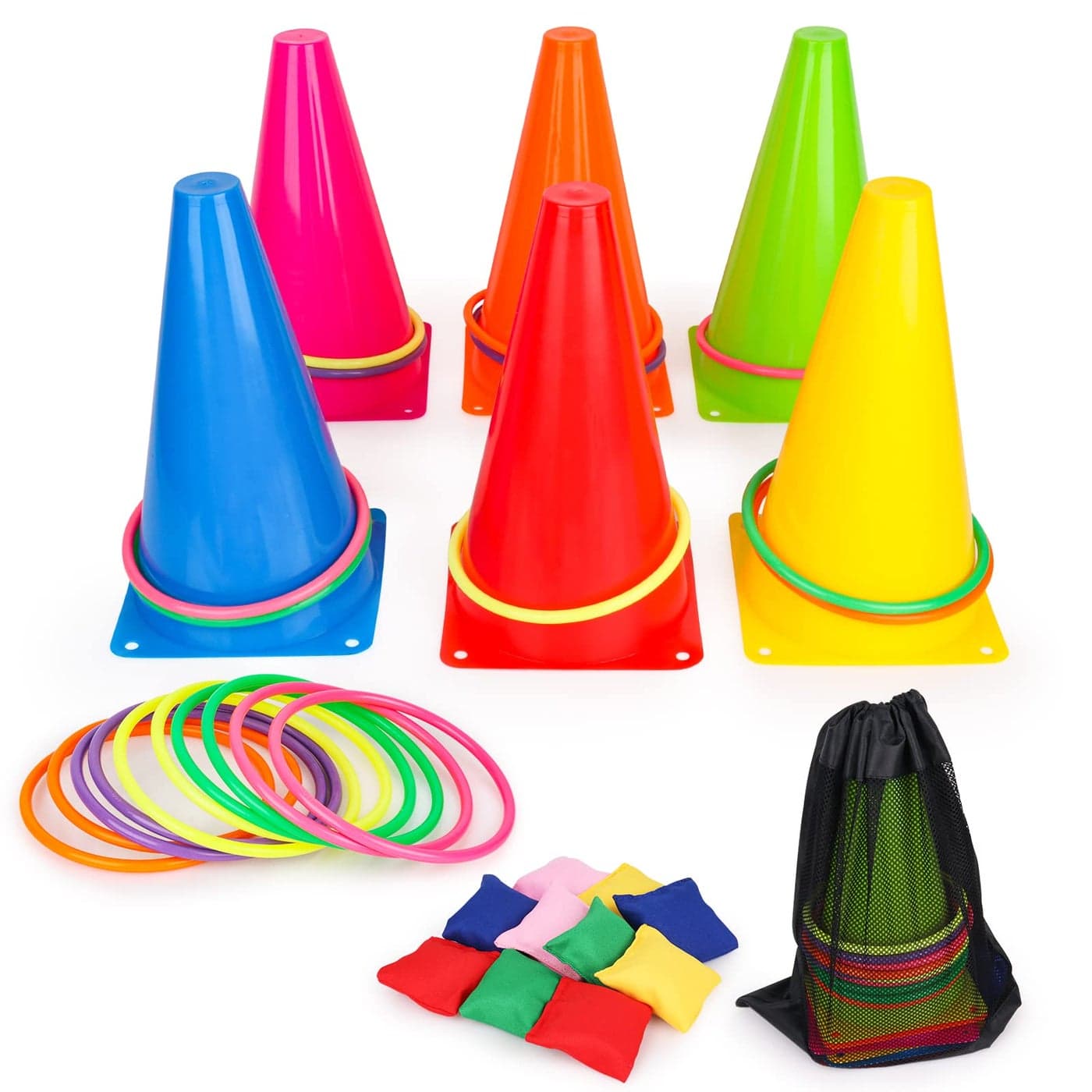 3 in 1 Carnival Games Set Soft Plastic Cones Cornhole Bean Bags Ring Toss Games for Carnival Kids Birthday Party Indoor Outdoor Games Supplies