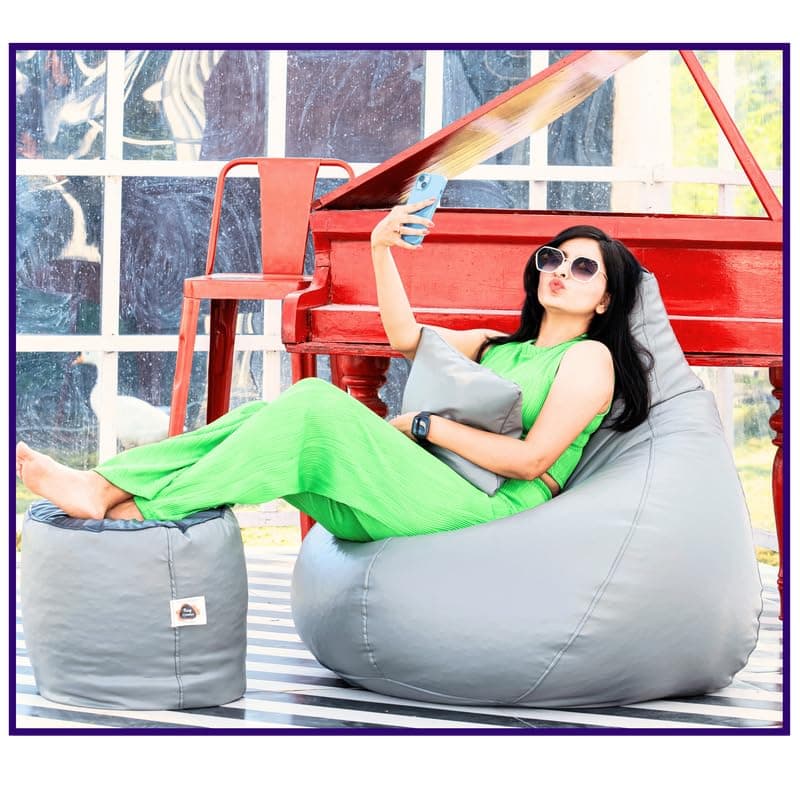 King Comfort 3XL Faux Leather Bean Bag Cover with Foot Rest Cushion Without Beans with 1 Year Warranty Lounge Chair Cover for Home Office Bedroom Hall Tear Drop Shape Grey