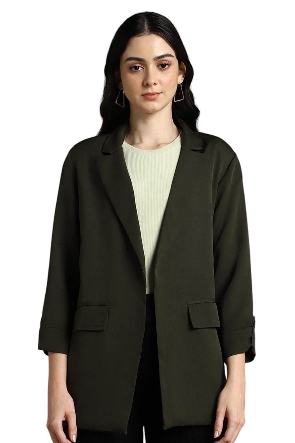 DL Woman Forest Green Solid Lapel Collar Full Sleeves Regular Fit Blazer