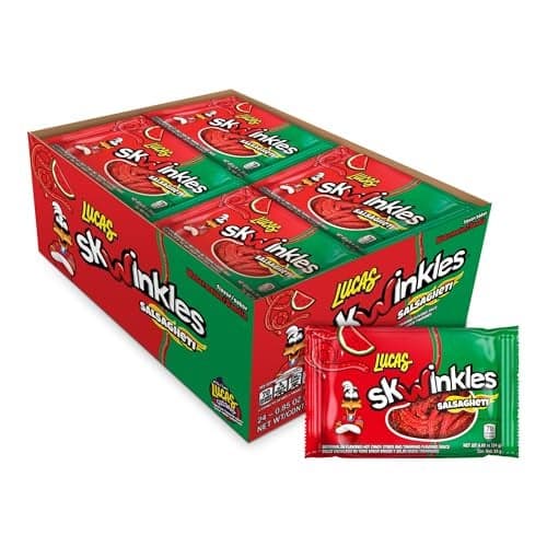 Lucas Salsagheti Watermelon Flavored Sweet Hot Candy Strips and Tamarind Flavored Sauce 084 oz 12 Pieces Pack for Treats Snack Parties Piatas Sweet