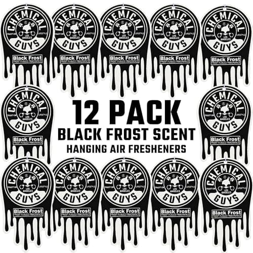 Chemical Guys Car Fresheners Hanging Air Freshener Black Frost Scent 12 Pack Great for Cars Trucks SUVs RVs Home Garage Workspace Dorm Room More 4 x 3 Packs