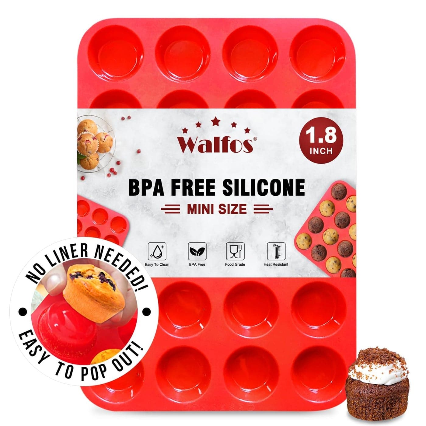 Walfos Mini Muffin Trays 24 Silicone Small Cupcake Cases Mould Baking Pan for Cupcakes Brownies Muffins Pudding