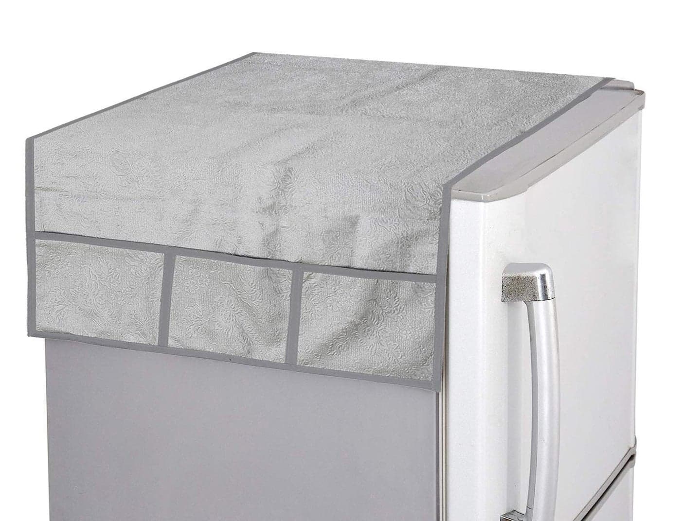 Kuber Industries Floral Print Fridge Cover With Side Pockets|Fridge Top Cover|Refrigerator Cover|Washable Cotton Material|6 Utility Pockets (Silver)