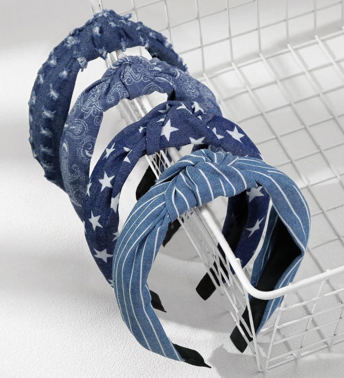 4 Packs Denim Blue Knotted Headbands for Women Girls Womens Hairbands Fashion Star Independence Day Hair Accessories Cute Stripe Floral Printed Head Bands for Womens Hair Non Slip