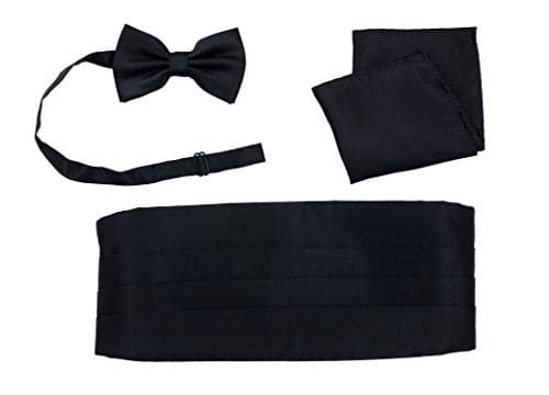 Salutto Tuxedos Girdle Cummerbund Bow Tie Pocket Square Handkerchief Set Formal Solid Color Black