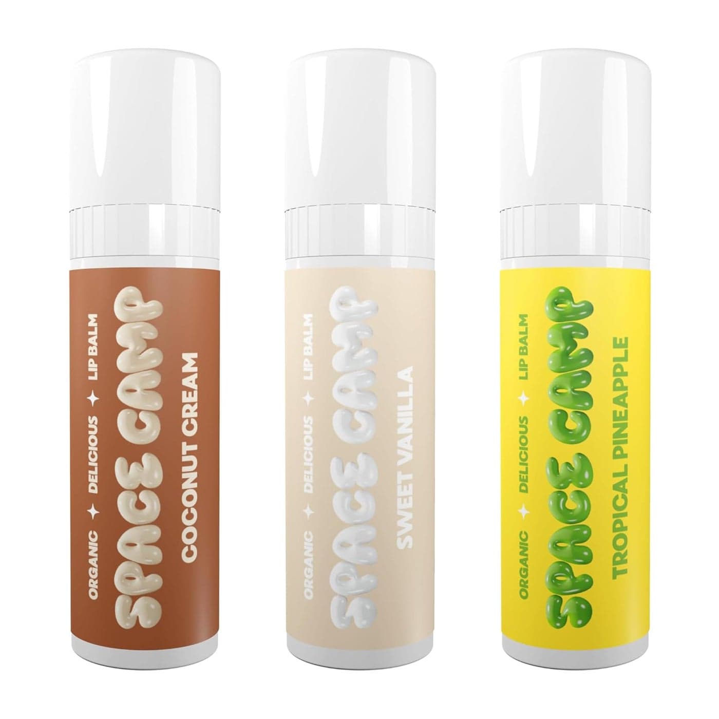 Space Camp Wellness Jumbo Lip Balm Pool Club Pack Variety Flavored Balm Tropical Pineapple Sweet Vanilla and Coconut Cream 3 Pack