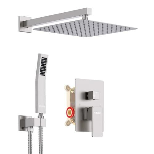 KOJOX Shower System with High Pressure 12 Inch Rainfall Shower Head, Handheld Shower head and Shower Faucet Trim valve, Bathroom Luxury Rain Mixer Shower Set Wall Mounted Brushed Nickel