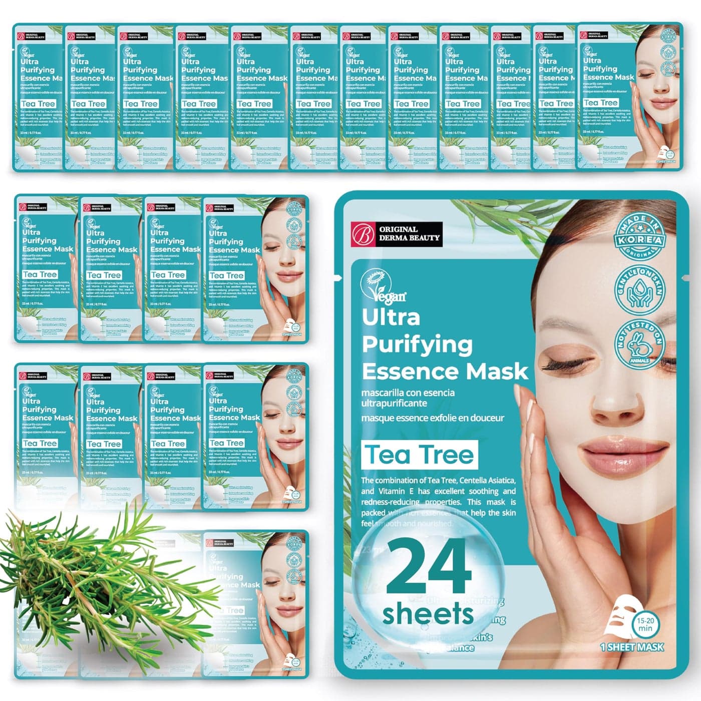 Innerest Original Derma Beauty Collagen Face Masks 24 PK Ultra Purifying Tea Tree Face Mask Skin Care Sheet Masks Set for Beauty Personal Care Korean Face Mask