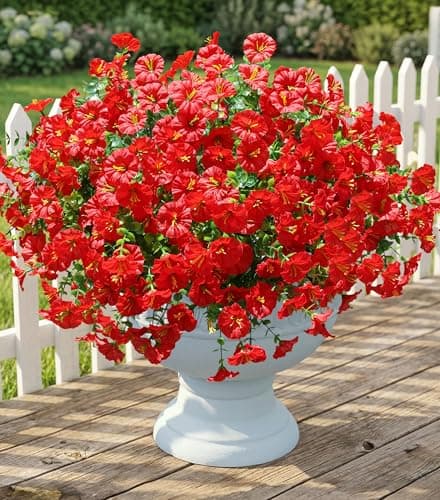 Artificial Flowers Fake Plants for Outdoors Decoration 12 Bundles Red Silk Morning Glory with Eucalyptus Realistic UV Resistant Faux Flowers Greenery for Outside Planter Yard Garden Home Indoor Patio