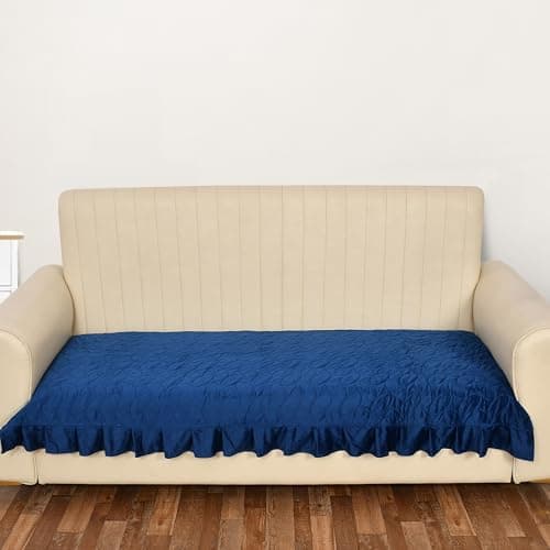 Yellow Weaves Quilted Velvet 3 Seater Sofa Cover Protector with Frill, Anti-Slip Sofa Cover Seat Mat (68 x 26 Inch), Navy Blue