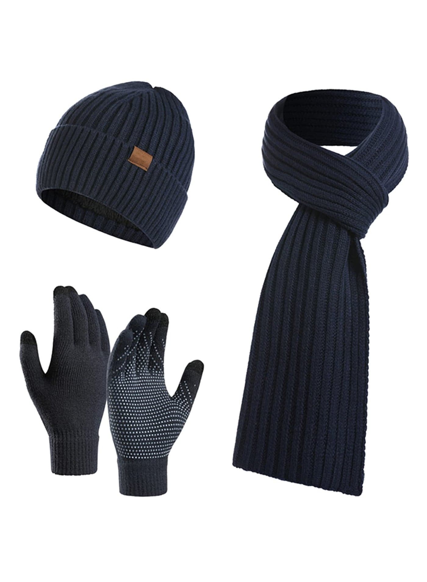 3Pcs Winter Beanie Hat Scarf Gloves Set, Set for Men Womens Ski Cap Touch Screen Mittens Suit Couples Matching Hats for Men Women (Navy Blue)