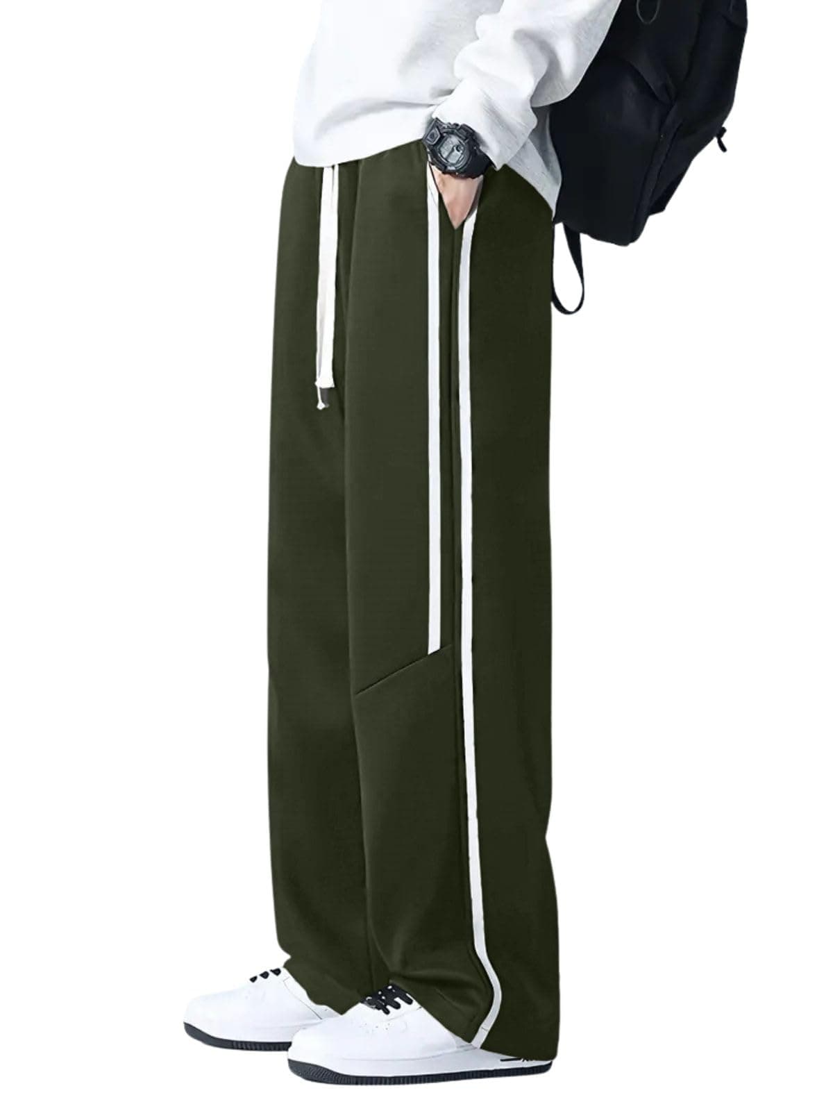 GRECIILOOKS Korean Style Track Pants for Men – Loose Fit Lycra Cargo Joggers | Trendy Gym & Streetwear Bottoms with Utility Pockets Dark Green