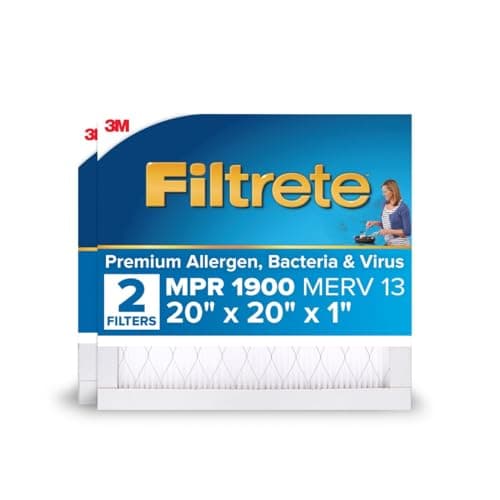 Filtrete 20x20x1 AC Furnace Air Filter, MERV 13, MPR 1900, Premium Allergen, Bacteria & Virus Filter, 3-Month Pleated 1-Inch Electrostatic Air Cleaning Filter, 2-Pack (Actual Size 19.69x19.69x0.78 in)