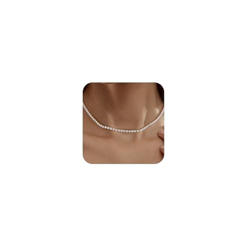 Robaice Tennis Necklace for Women, 14K Gold Plated Rhinestone Choker Necklace for Women, Dainty Cubic Zirconia Cut Faux Diamond Chain 3mm