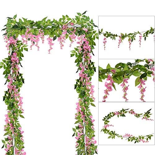 DearHouse 4Pcs 66FtPiece Artificial Flowers Silk Wisteria Garland Artificial Wisteria Vine Rattan Silk Hanging Flower for Home Garden Outdoor Ceremony Wedding Arch Floral DecorPink