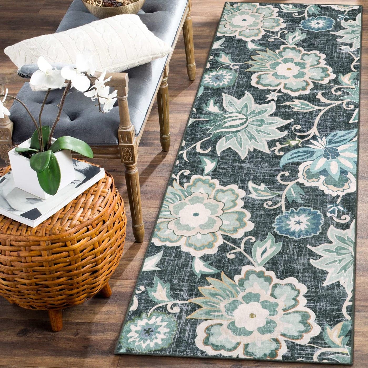 Beeiva Floral 2x6 Washable Runner Hallway Runner Rugs with Rubber Backing Non Slip Ultra Thin Lightweight Kitchen Rug for Bedroom Entryway Laundry RoomBlue2x6