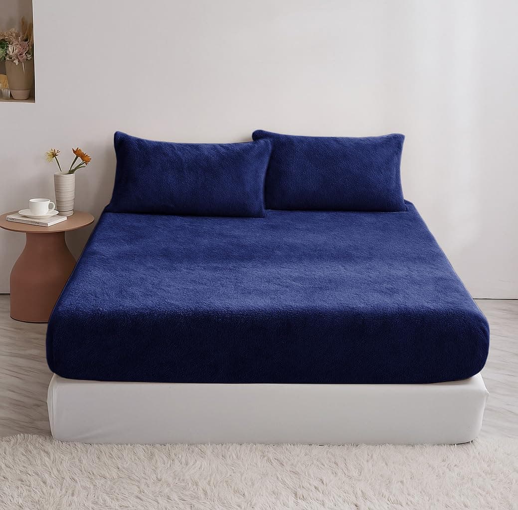 VAS COLLECTIONS Luxury Warm Winter Elastic Fitted Bedsheet with 2 Pillow Covers – Ultra Soft Flannel Velvet Touch, Cozy & Wrinklefree lintfree Size - 78x72+10 Inches (Navy Blue)