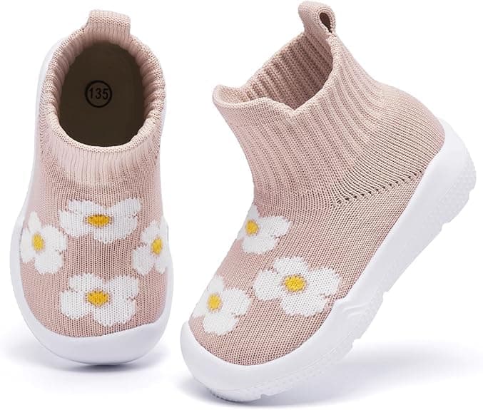MORENDL Toddler Sock Shoes Baby Walking Shoes Infant Slippers Boys & Girls Non-Slip Sneakers Beige Flower 15-18 Months