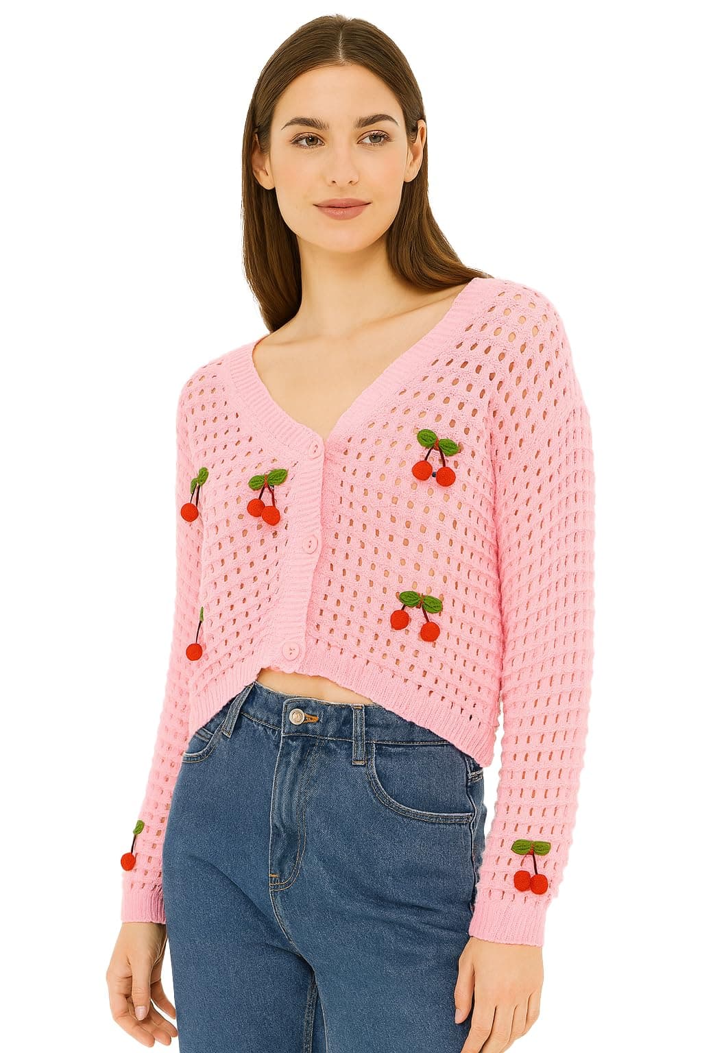 ICW Women Knit Cardigan with 3D Cherry V-Neck Long Sleeve Hollow Out Cropped Top Jacket E362-1 (in, Alpha, M, Regular, Off-White) (in, Alpha, S, Regular, Pink)