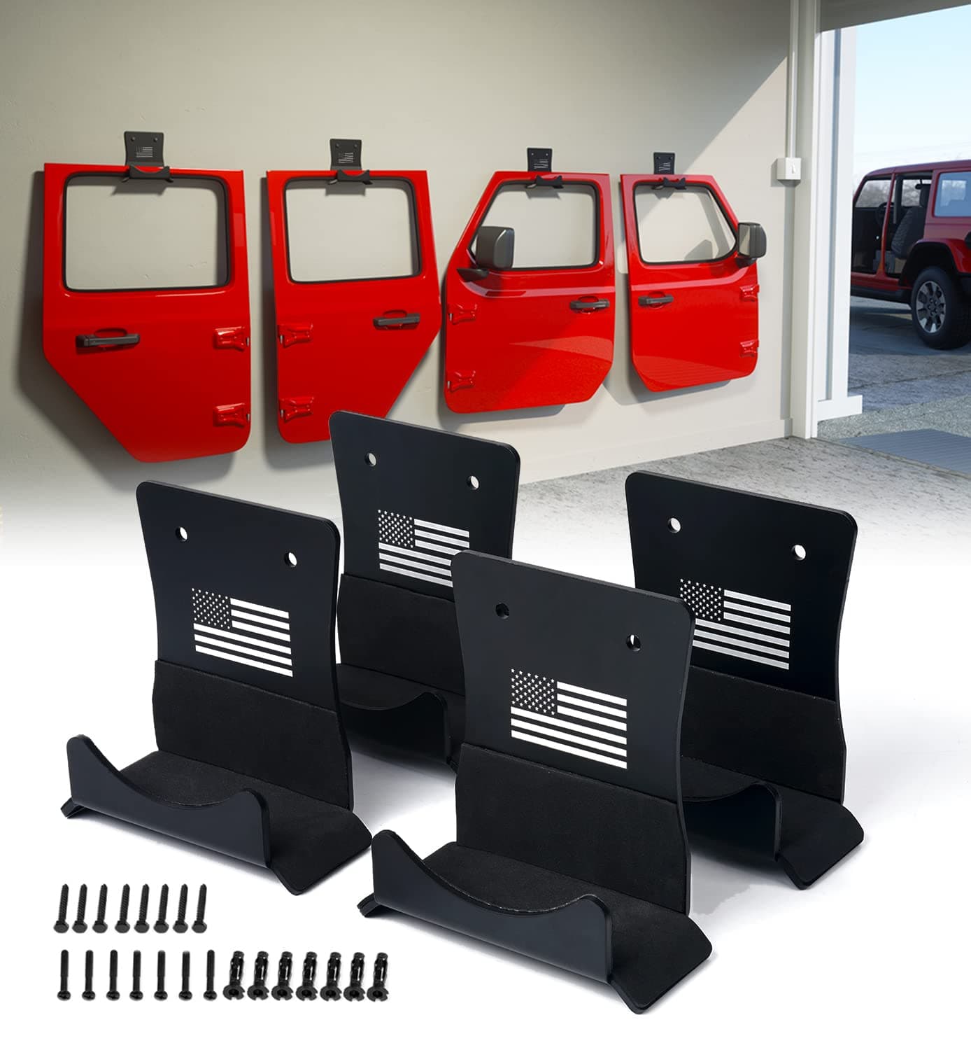 Xprite Door Storage Hangers with US Flag Pattern & Rubber Lining, 4 PCS Removable Wall Mounted Door Storage Holder Hooks Compatible with 1956-2024 Jeep Wrangler CJ YJ TJ LJ JK JKU JL JLU Gladiator JT
