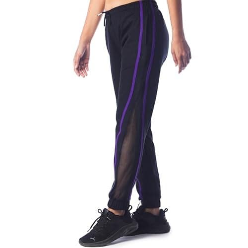 London Hills Women Cotton Mid Rise Regular Fit Joggers Track Pants Black_Purple Net Track Pants, XL